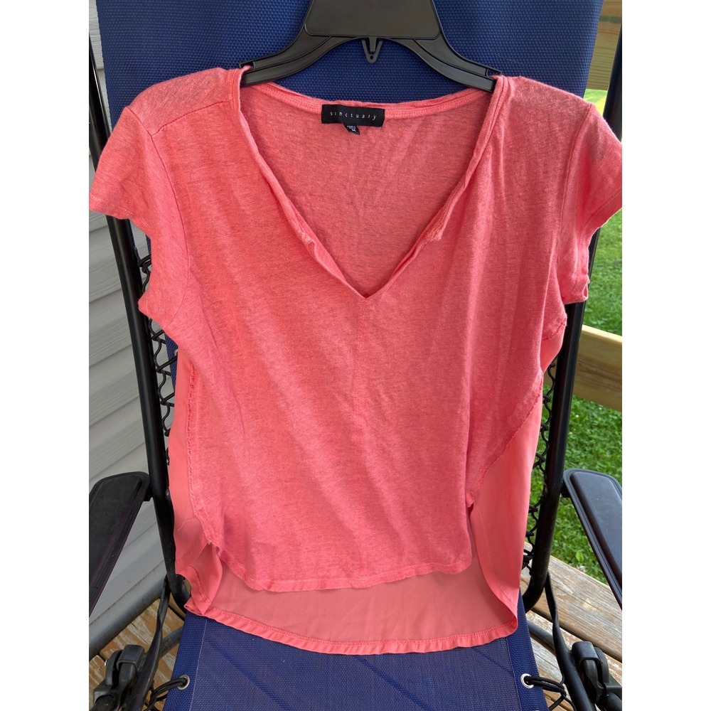 Sanctuary Coral Pink Linen Mixed Media High Low V-Neck Top T1993-KC013B Womens M